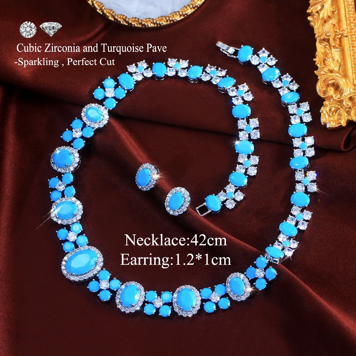 Water Plated White Gold Copper Material Inlaid Blue Turquoise/Zircon Women's Wedding Necklace Earring Set Two-Piece Set Palladium Plated