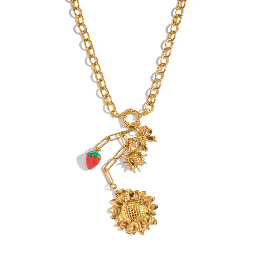 Elegant Gold Plated Sunflower And Strawberry Tassel Earrings And Necklace Set For Girls Romantic And Sweet Jewelry Accessories