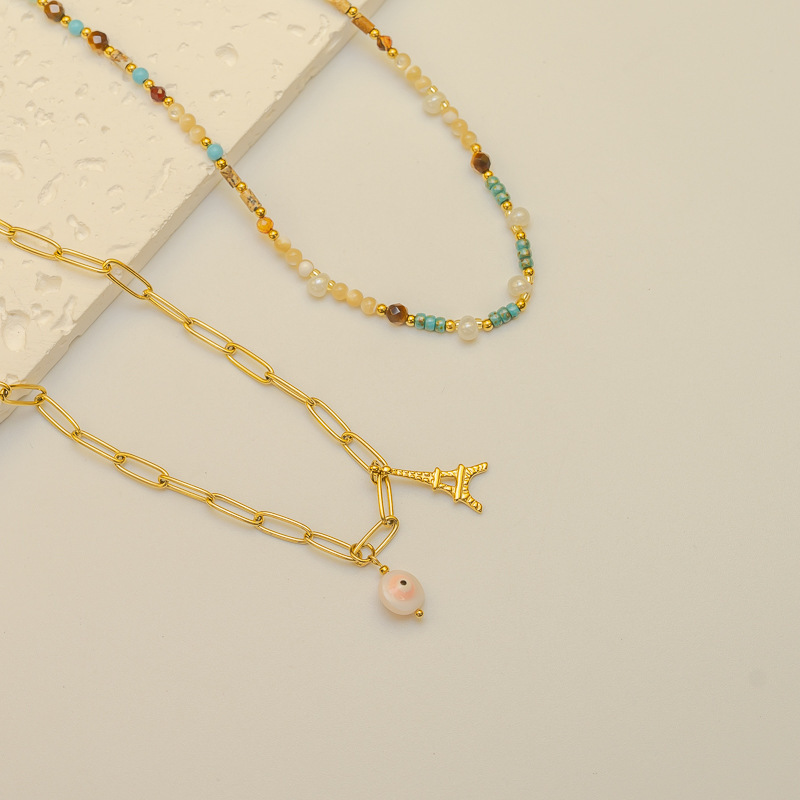 304 Stainless Steel Artificial Natural Stone Bead Necklace Fashion Layered Simple Design Titanium Steel Jewelry For Women