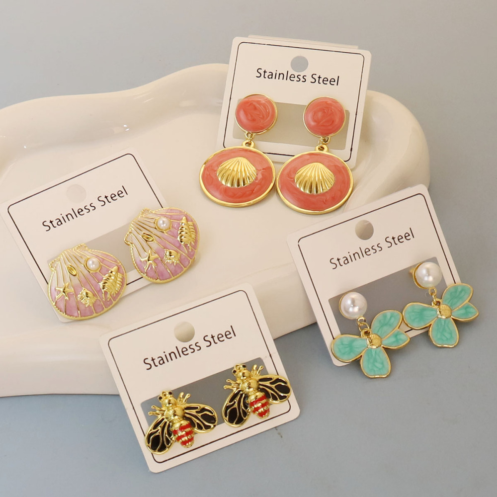 Stainless Steel Bee Strawberry Imitation Pearl Shell Drop Earrings 5 Pairs Or 6 Pairs Fashion Daily Wear Jewelry Perfect Valentine's Day Gift All Seasons Accessories