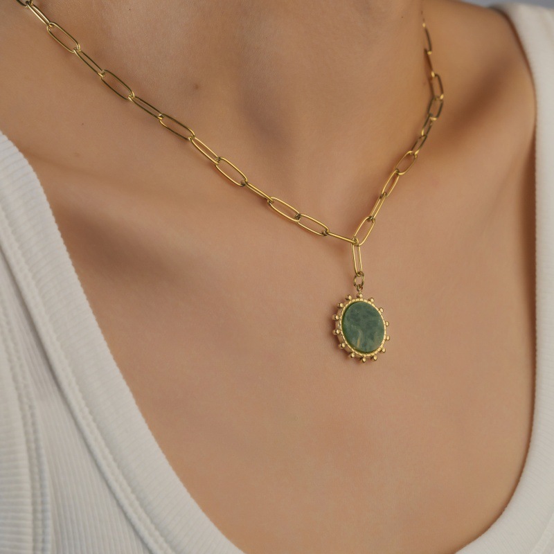 Bohemian Style Gold-Plated Sun 304 Stainless Steel Titanium Steel Necklace Natural Stone Round Pendant Luxurious Simple Women's Jewelry Accessories