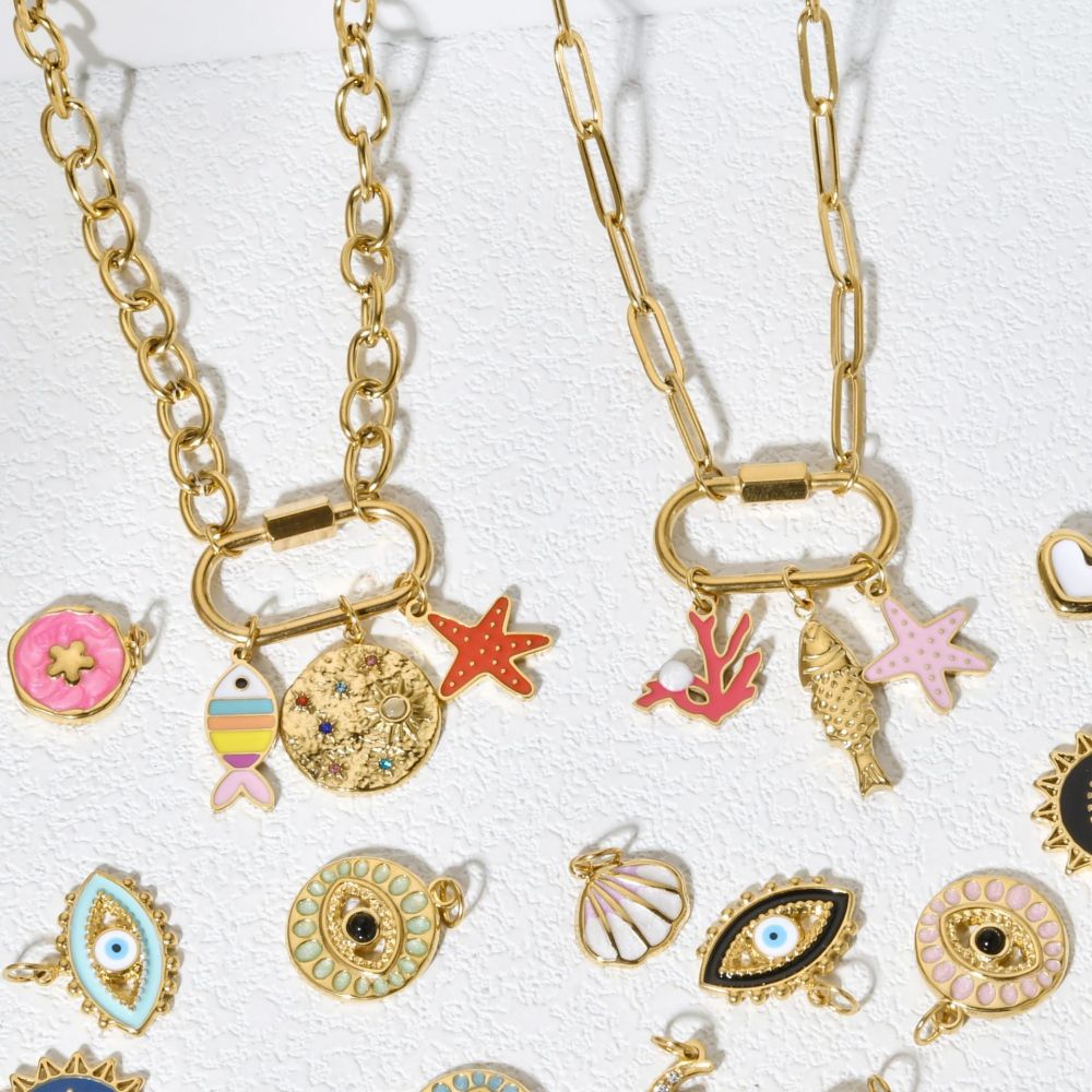 Stainless Steel Pendant Necklace DIY Fish Starfish Ocean Theme Accessories Climbing Buckle Clavicle Chain Jewelry For Women