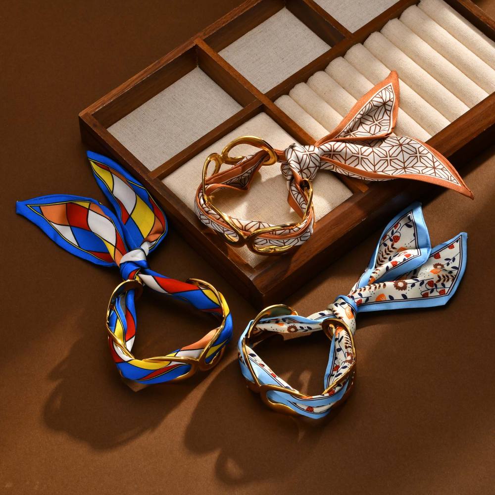 Water Plated Imitation Gold 304 Stainless Steel Vintage Bohemian Style (Floral Print) Open Bracelet Matching Scarf Fashion Elegant Women's Accessories