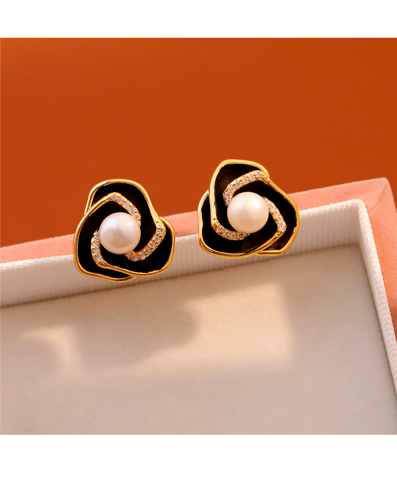 Elegant Pearl Tea Rose Earrings Women's Fashion Commute Delicate Enamel Drip Glaze Studs Trendy Jewelry Accessories