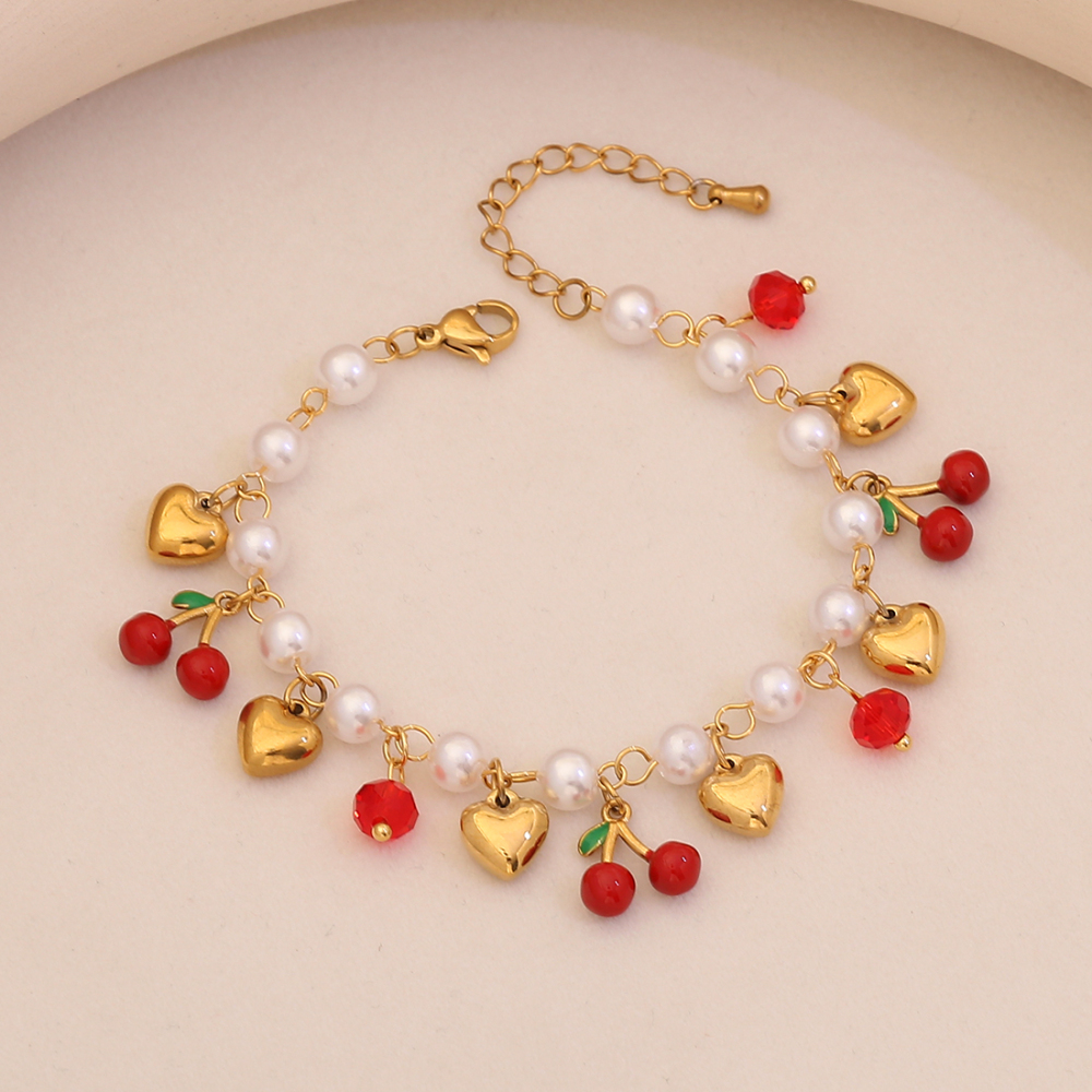 Charming Cherry Strawberry Watermelon Bracelet Elegant Imitation Pearl Hand Jewelry New Style Accessories Golden Pendant Love Heart Shape