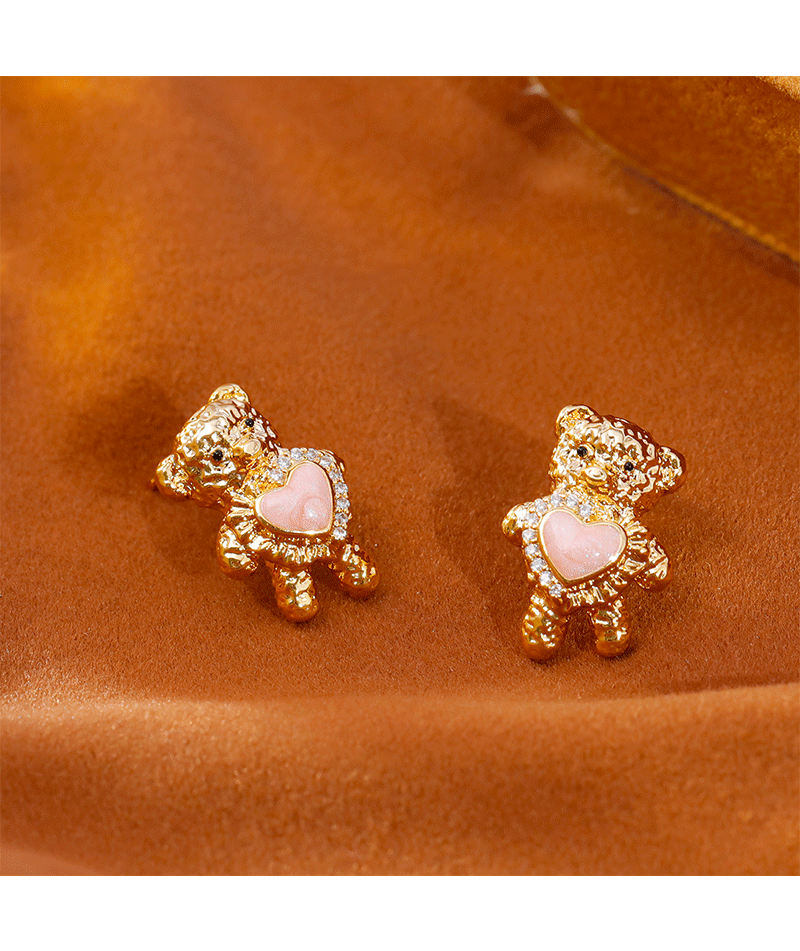 Delicate Bear Design Earrings With Zircon Heart Commuter Sweet Cute Style New Arrival Fashionable Women's Jewelry Accessories