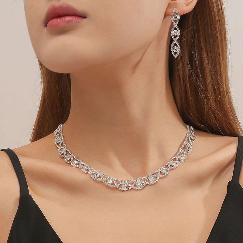 Simple Full Diamond Claw Chain Necklace And Earrings Set Bridal Wedding Accessories Multifunctional Titanium Steel Star