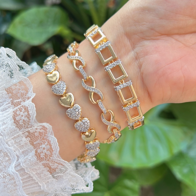 Wholesale Jewelry Sweet Classic Style 8-Shaped Square Heart Shape Copper Zircon Box Chain Bracelets