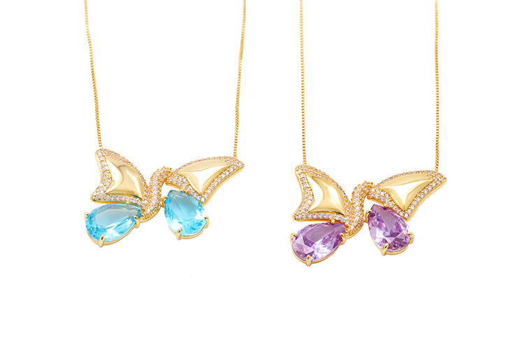 Butterfly Wing Half-and-Half Gold Plated Brass Purple Necklace Earring Set Elegant Dynamic Combination Fashion Jewelry