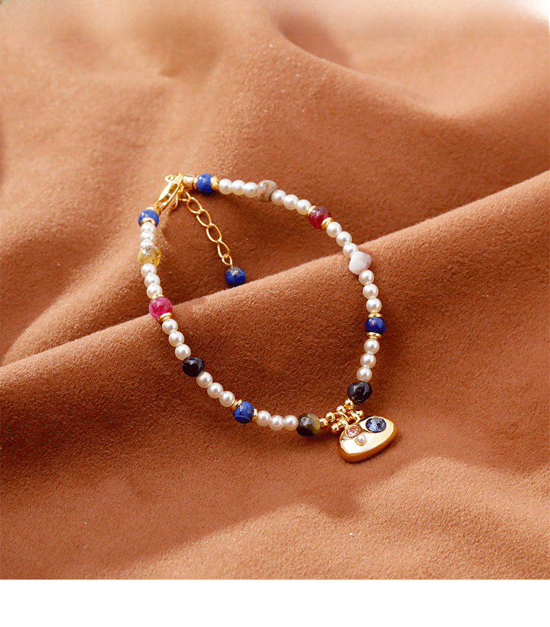 Original Design Vacation Style Women's Bracelet Fashion Luxury Imitation Pearl Lapis Lazuli Accessories Geometric Pattern Copper