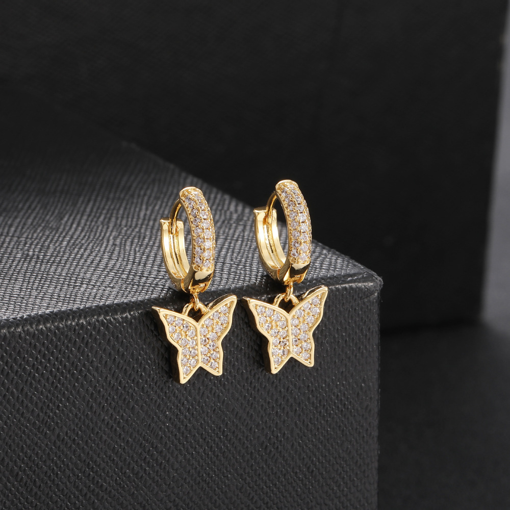Small Butterfly Stud Earrings Full Of Zircon Copper Inlay  Hip Hop Style Women's Fashion Jewelry Accessories