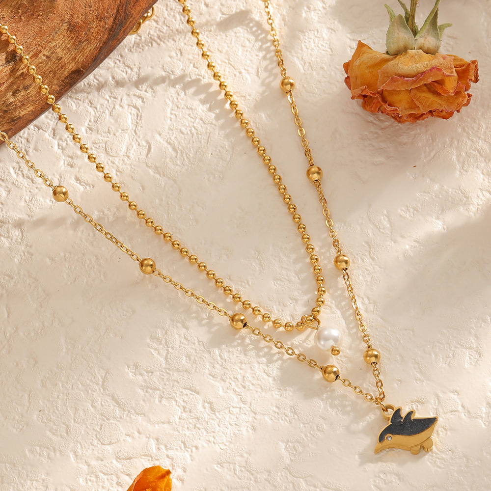 Two-Layer Oregon Drip Oil Cartoon Penguin Pearl Necklace Shell Sea Turtle Fish Ocean Animal Jewelry Accessories Stainless Steel