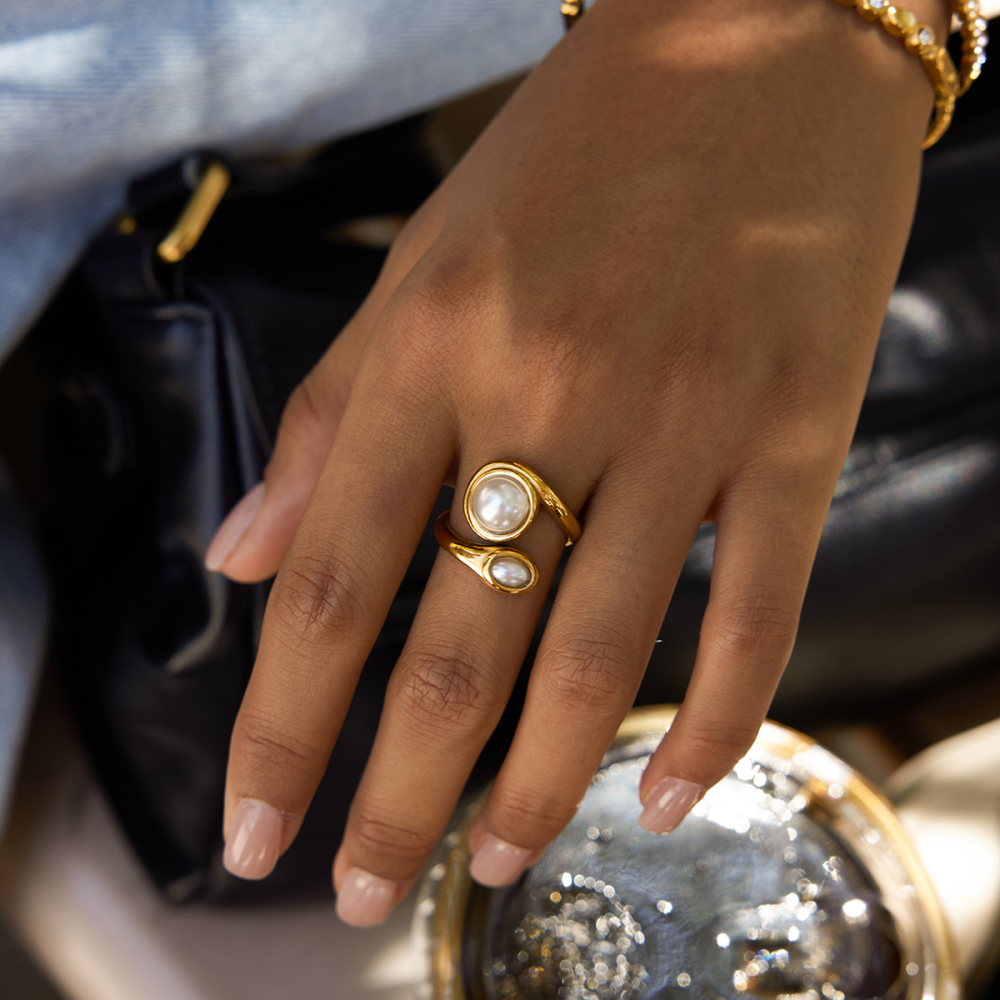 Elegant Open Ring For Ladies Resin Pearl Stainless Steel 18K Gold Vacuum Plating Pearl Pattern High Quality 304 Stainless Steel