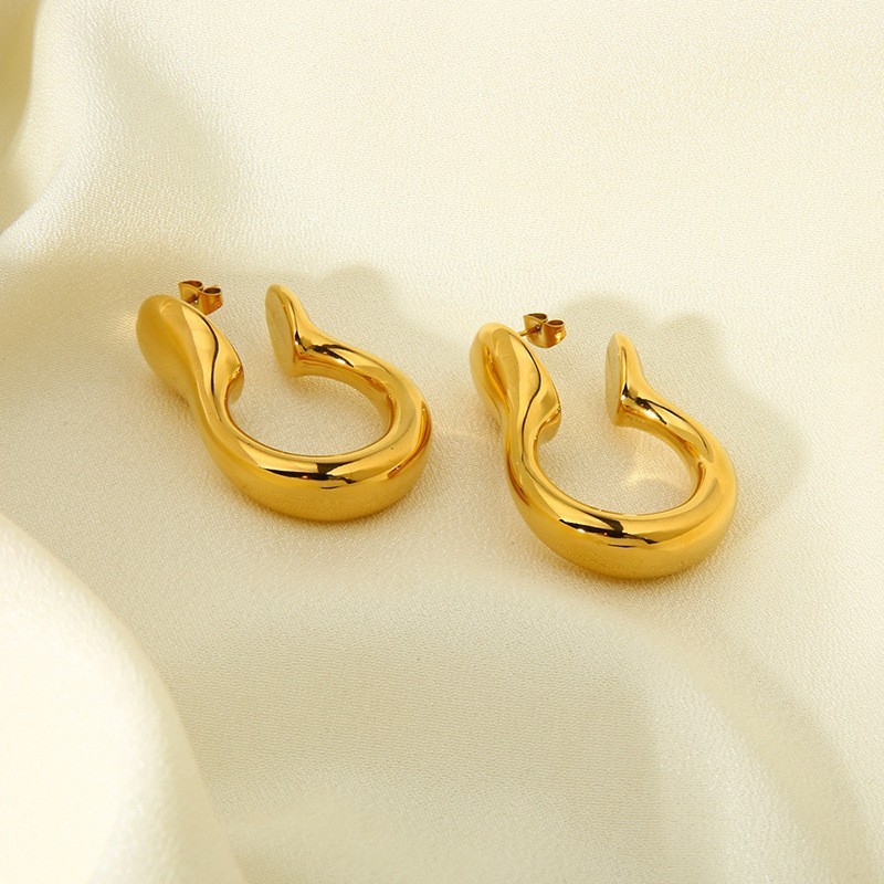 Fashionable Geometric Stainless Steel Hoop Earrings Unusual U-Shaped Waterproof Women's Jewelry Accessories Ins Style Gold Plated