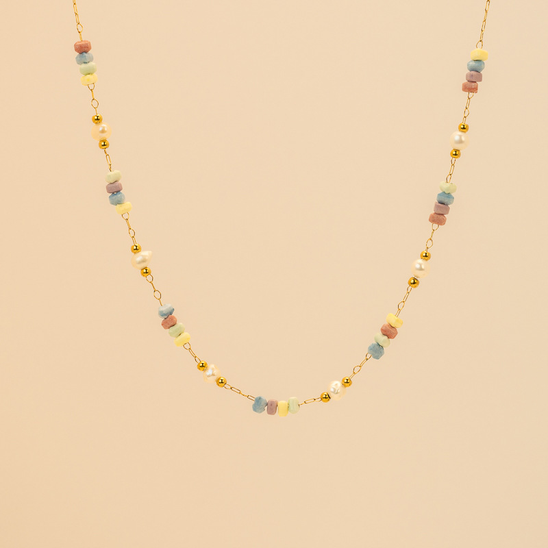 New Natural Stone Beaded Necklace Layered American Retro Jewelry Fashion French Vacation Fashion Women's Stainless Steel Material