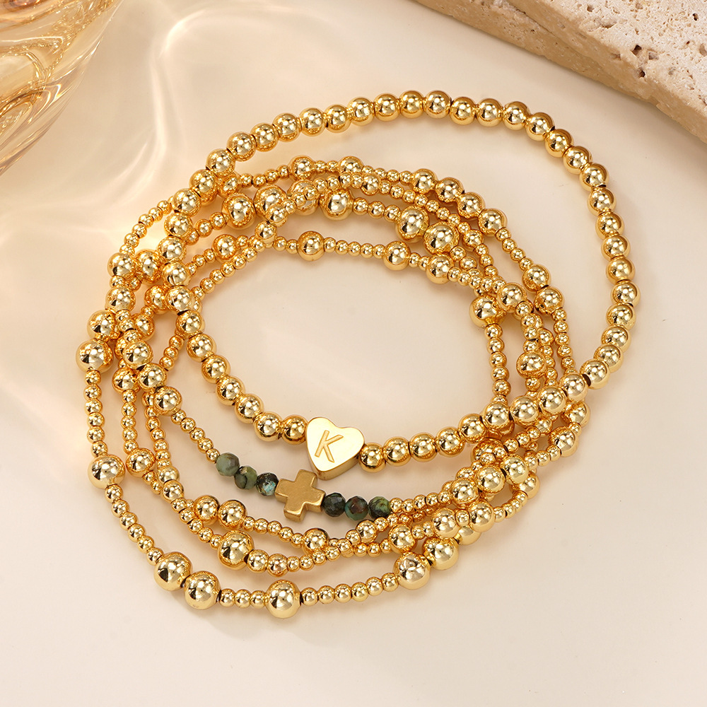 Luxurious Golden Heart Letter African Copper Beads Bracelet Set Of Five Facet Cut Loose Women's Fashion Jewelry Accessories