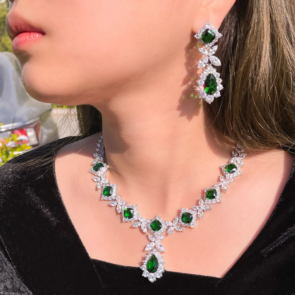 Ruili Flower Zircon Necklace And Earrings Set For Women, Emerald Gemstone Wedding Dress Jewelry Accessories, Water Plating