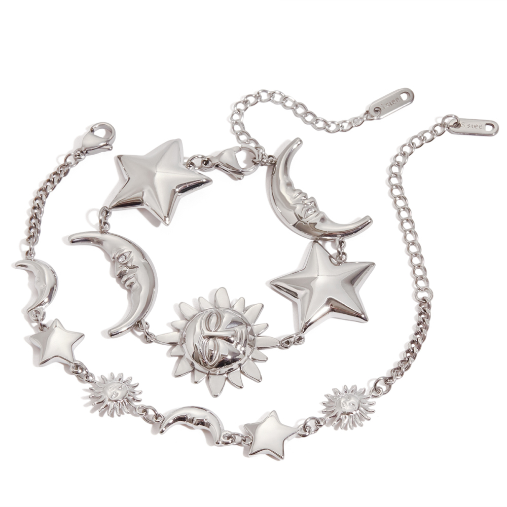 304 Stainless Steel Sun Star Moon PVD Coated Real Gold Plated Novelty Ethnic Style Waterproof Non Tarnish Surgical Steel Cuban Link Chain Curb Chain Safety Clasp Closure Bracelets