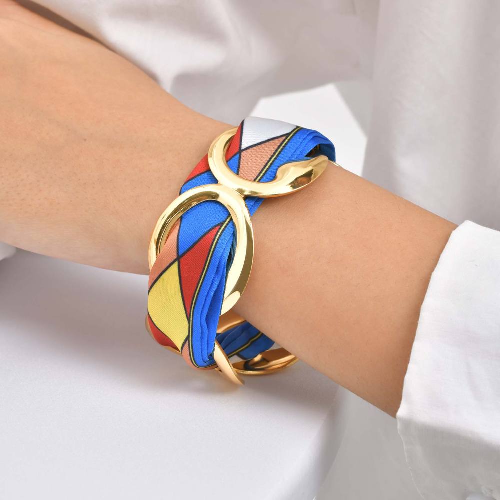 Water Plated Imitation Gold 304 Stainless Steel Vintage Bohemian Style (Floral Print) Open Bracelet Matching Scarf Fashion Elegant Women's Accessories