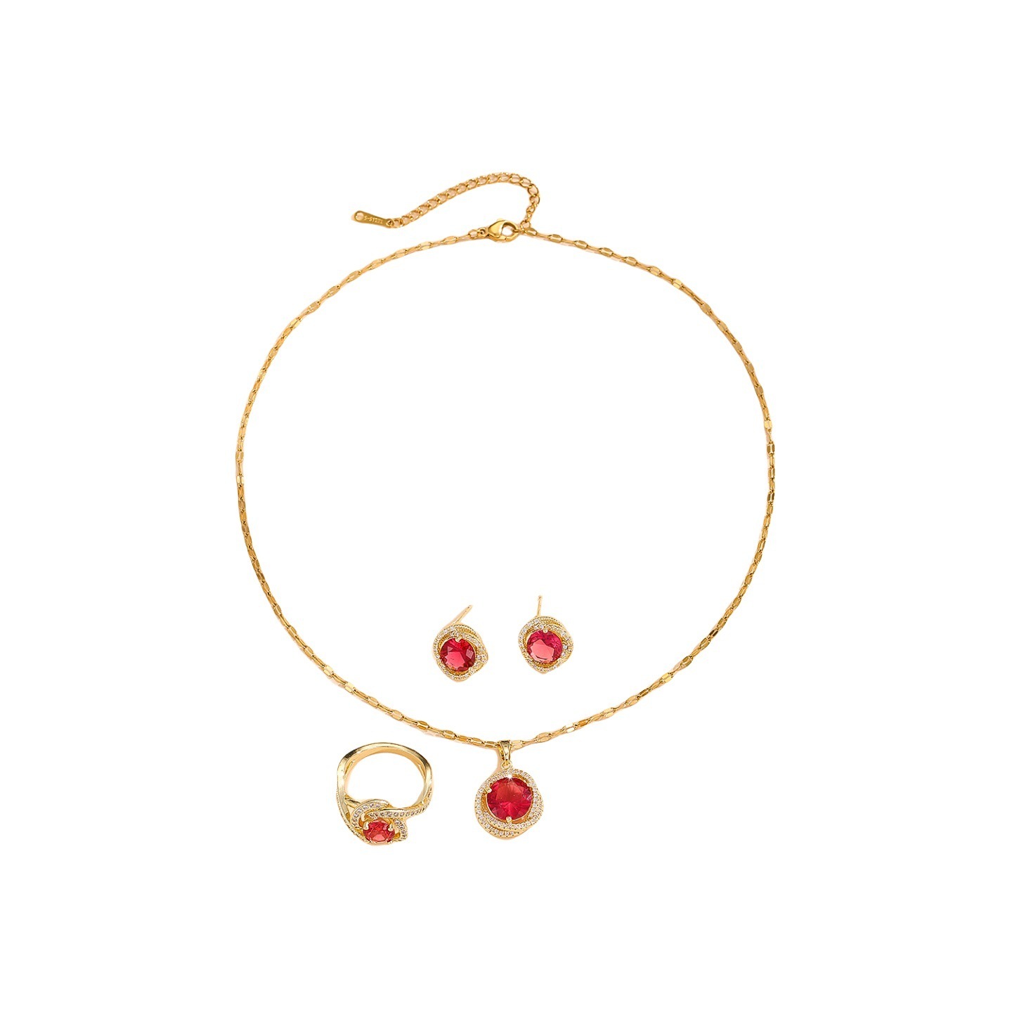 Elegant Retro French Style Copper Embedded Zirconia Ring Necklace Earring Set For Women Flashy Unique Three-piece Jewelry