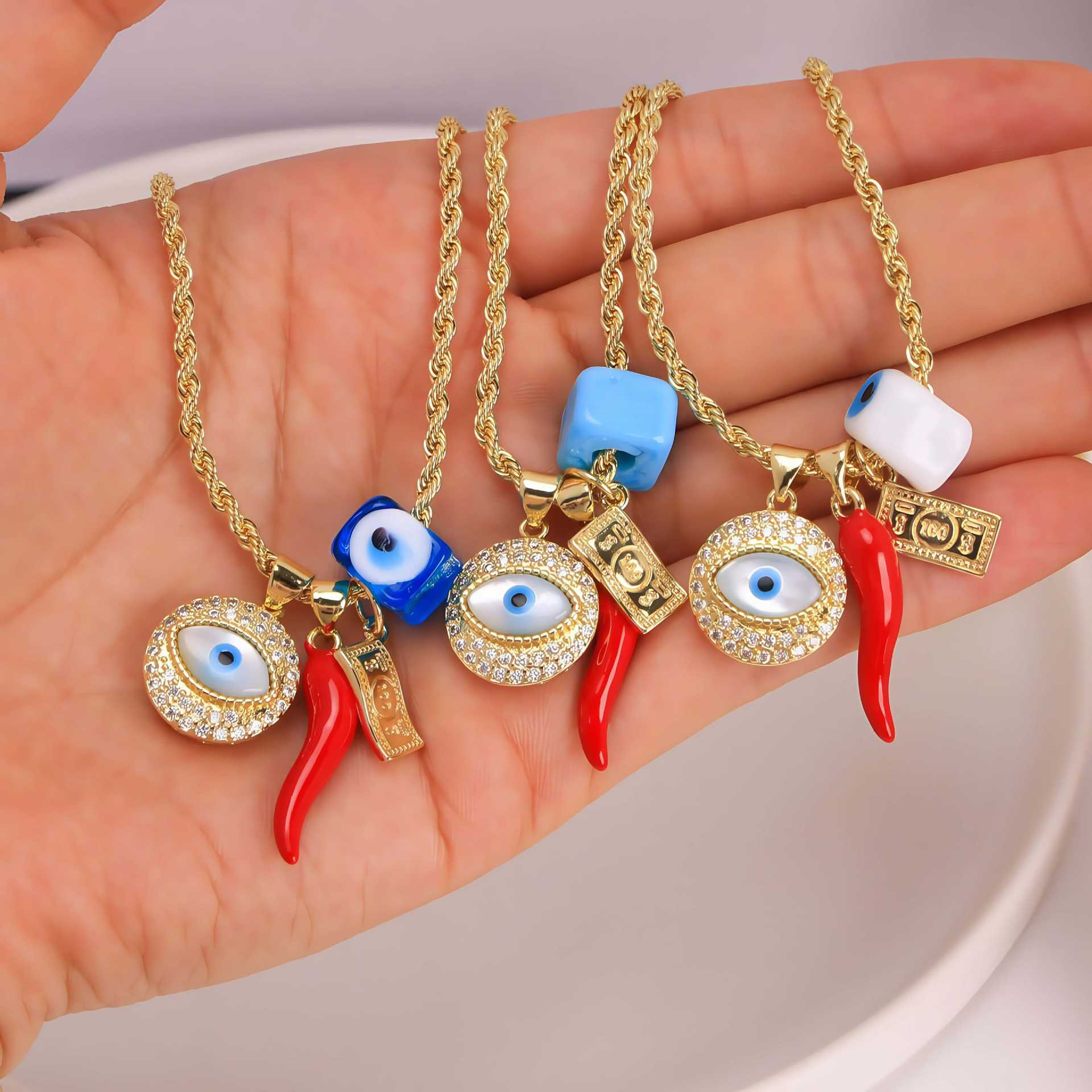 18K Gold Plated Zircon Demon Eye Necklace Women's Jewelry Lucky Charm Pendant Round And Oval Copper Alloy Material