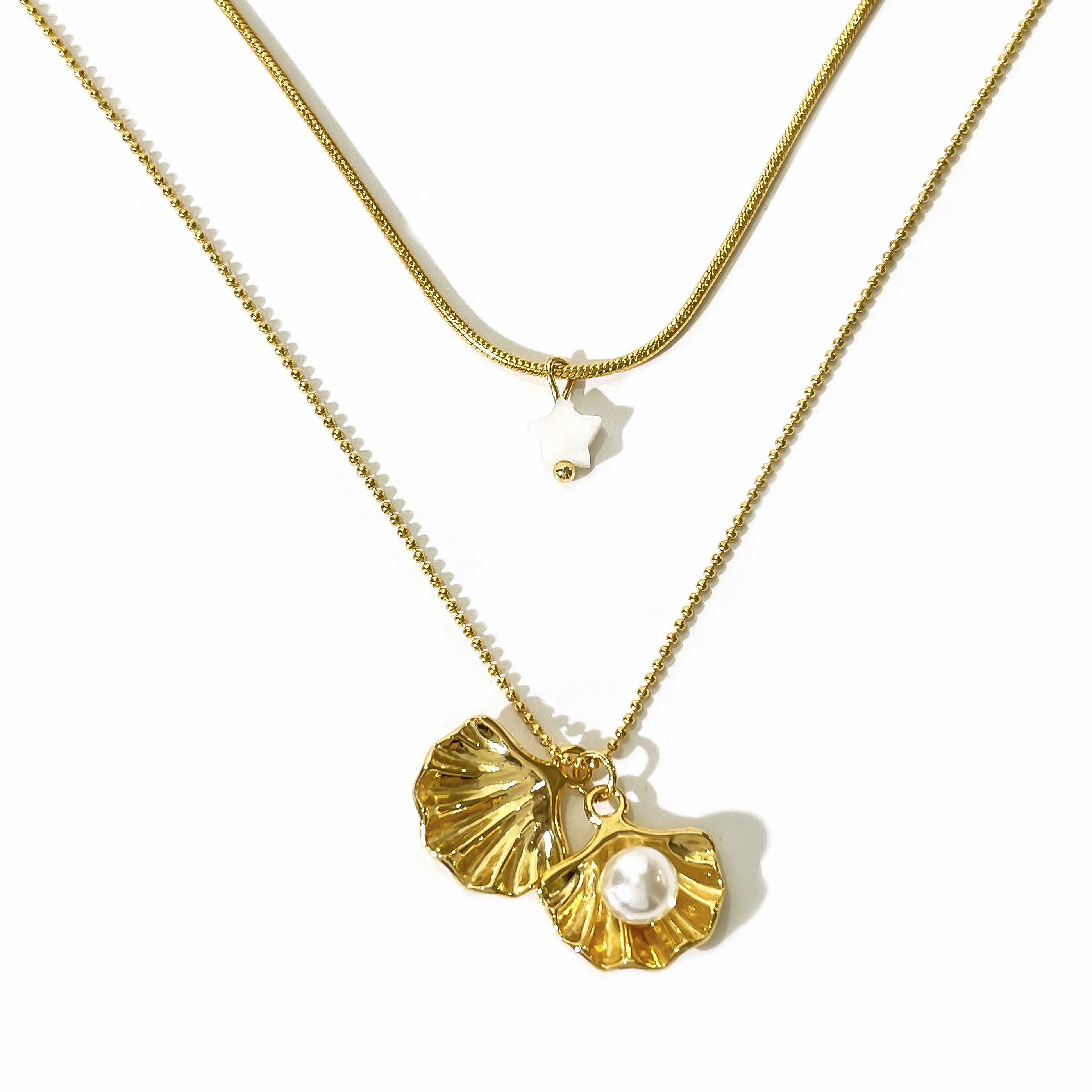 304 Stainless Steel Pentagram Pearl Shell PVD Coated Acrylic Shell Real Gold Plated Simple Style Classic Style Waterproof Non Tarnish Plating Inlay Layered Necklaces
