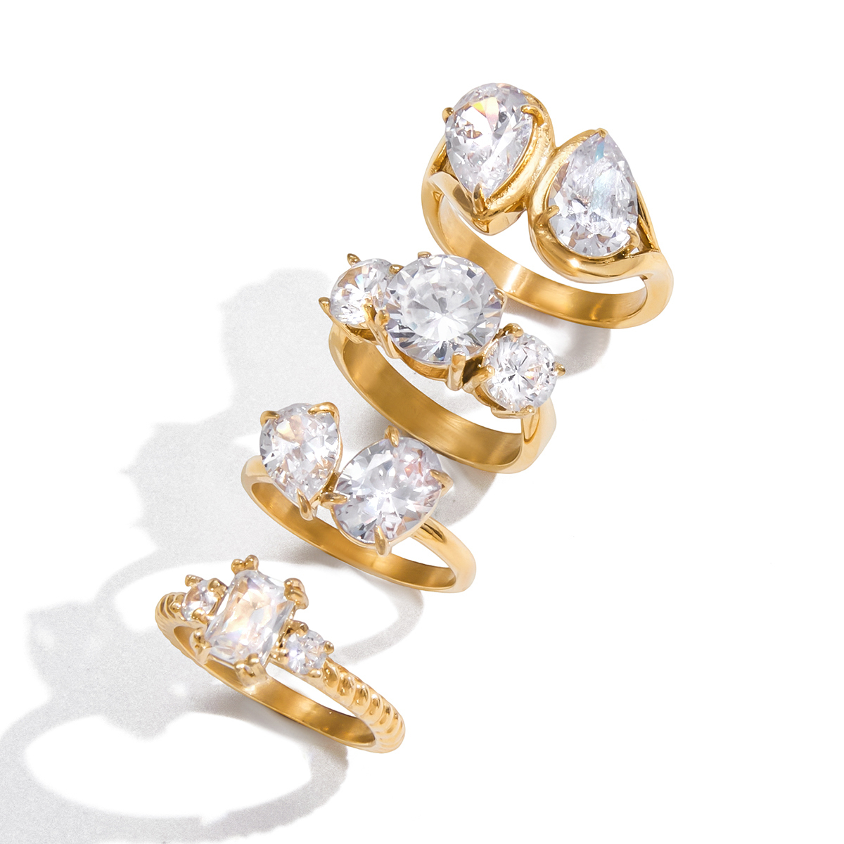 Women's Classic Style 18K Gold Stainless Steel + Zircon White Water Drop Zircon Ring Size 7
