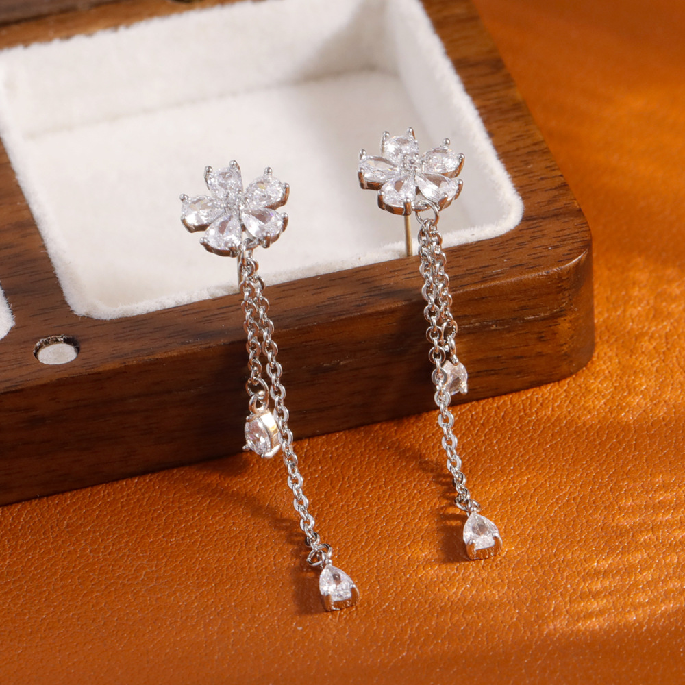 New Luxury Commuter Zircon Flower Earrings Fashionable Elegant Tassel Waterdrop High-End Feelings Women's Jewelry Accessories