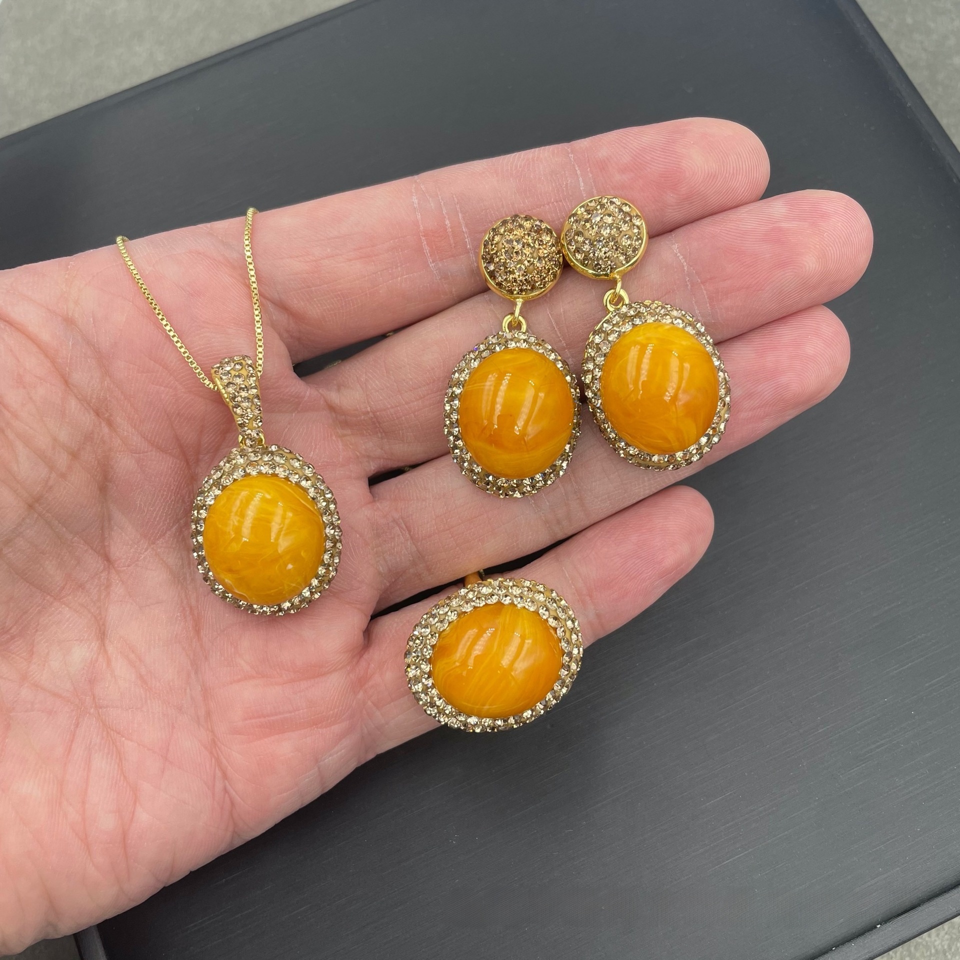 New Arrival Honey Amber Gemstone Inlaid Three-Piece Set Personality Medieval High-End Diamond Jewelry Ethnic Style Women's Accessories