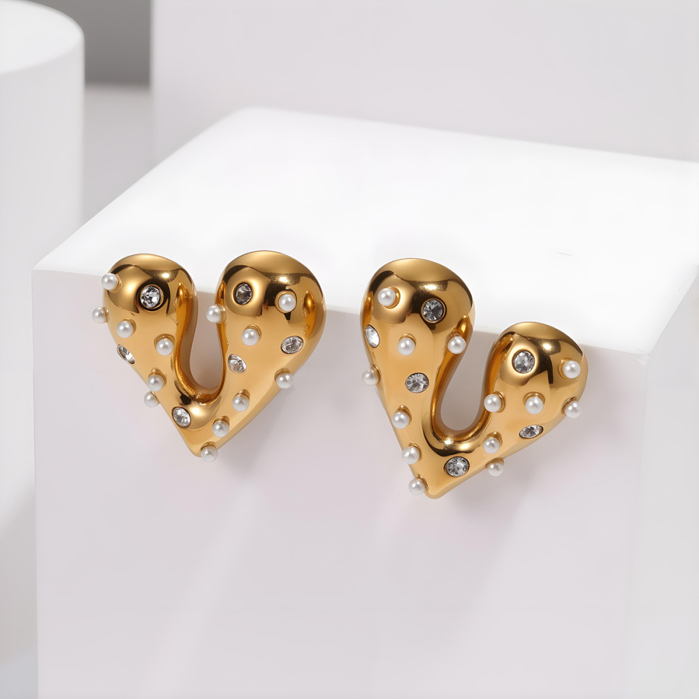 Fashionable Stainless Steel Diamond Embedded Earrings Irregular Heart Several Hoops Luxury 18K Gold Plated Women's Jewelry