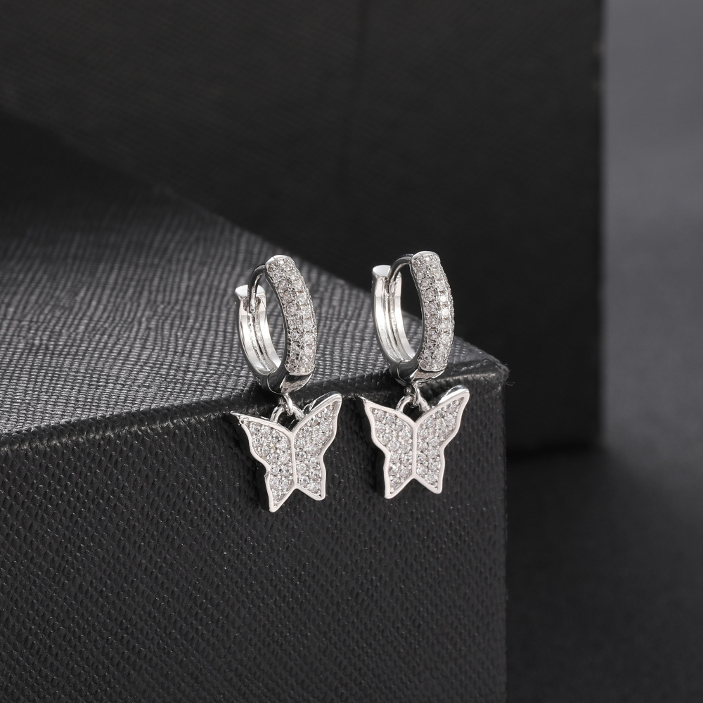 Small Butterfly Stud Earrings Full Of Zircon Copper Inlay  Hip Hop Style Women's Fashion Jewelry Accessories