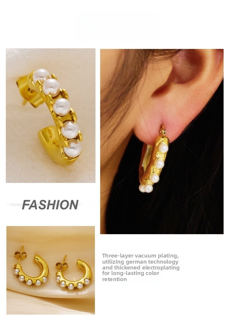 Elegant 18K Gold Plated Titanium Steel C-Shaped Pearl Earrings Vintage French Style Women's Jewelry Accessories U-Shaped Geometric