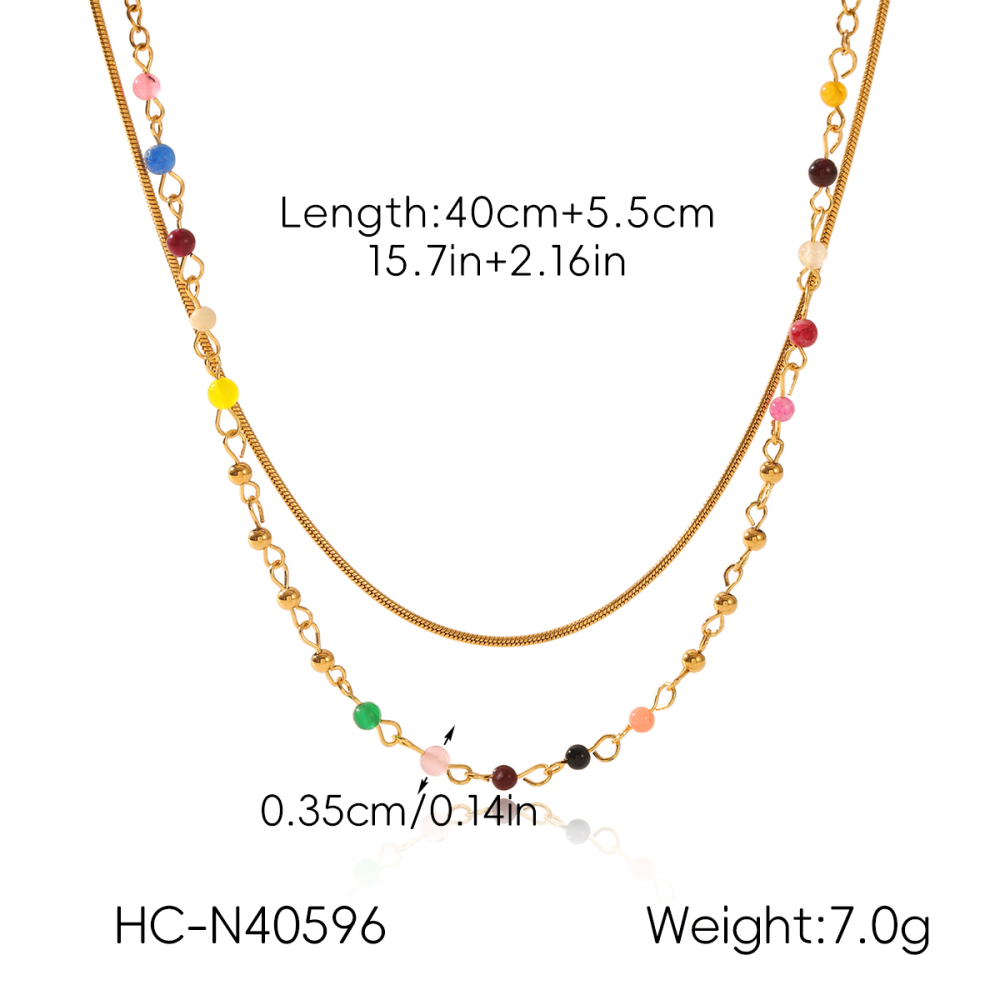 French Double Layer 304 Stainless Steel Necklace Non-Fading Choker Titanium Steel Round Snake Chain Colorful Beaded Chain Bohemian Vacuum Electroplated 18K Real Gold Plated Accessories