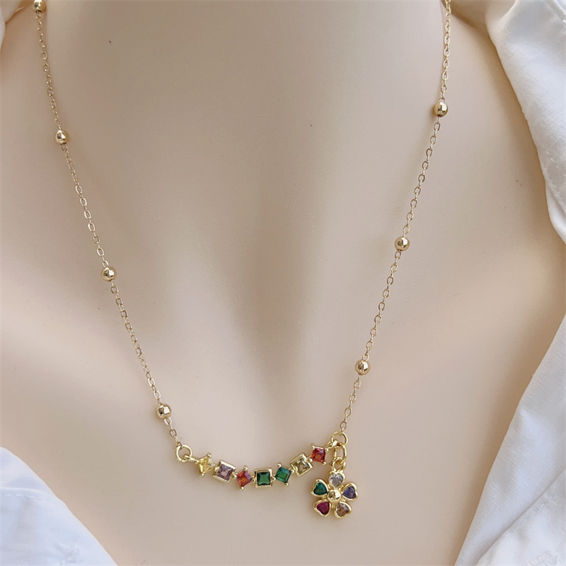 18K Gold Plated Handmade Double Pendant Flower Zircon Necklace Classic Simple Style Daily Wear Gift Copper Pendant Lobster Clasp