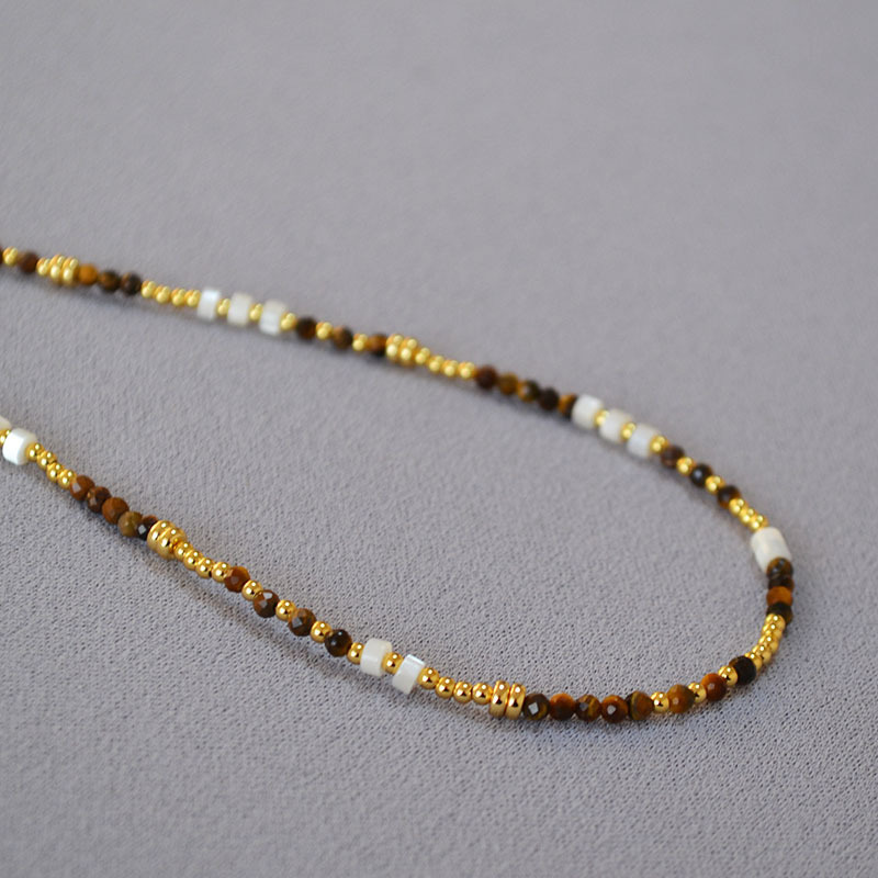 French Vintage Design Shell Beads Tiger Eye Stones Necklace Collarbone Chain Women Simple Elegance Jewelry Accessories
