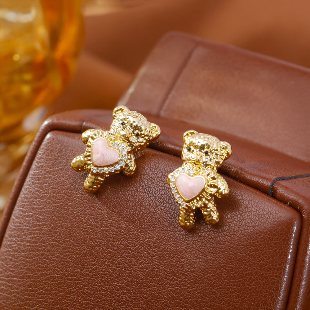 Delicate Bear Design Earrings With Zircon Heart Commuter Sweet Cute Style New Arrival Fashionable Women's Jewelry Accessories