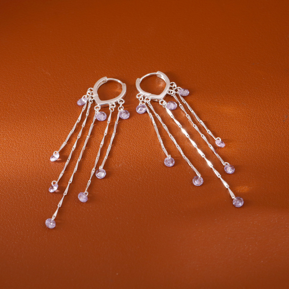 Elegant Long Purple Zircon Tassel Earrings Fashionable Luxury Trendy Versatile High-End Feelings Women's Jewelry Accessories