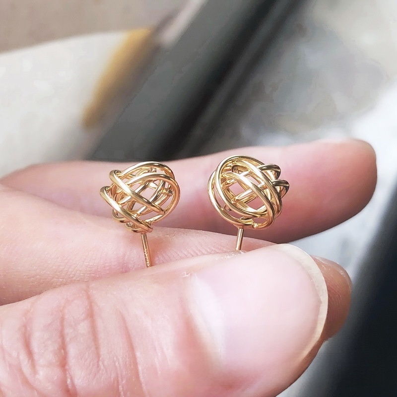 14K Gold Plated Woven Ball Earrings Studs Pendant Hollow Rope Knot Wrapped Coil Earrings DIY Jewelry Accessories