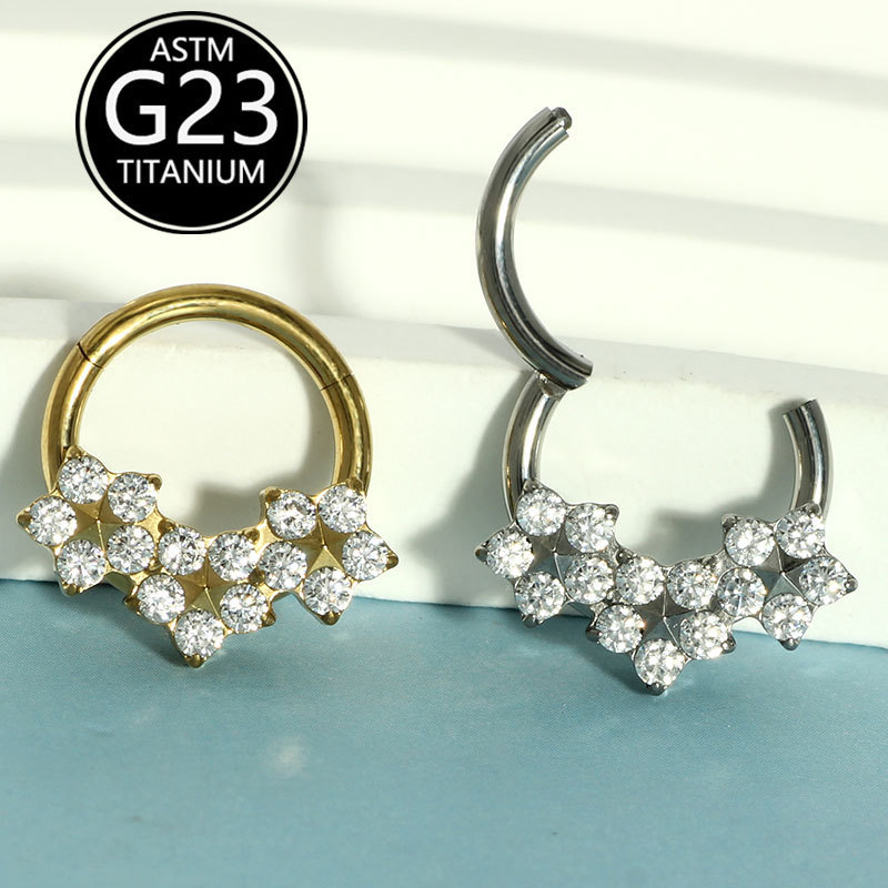 Fashion Titanium Metal Zircon Nose Ring F136 Implant Grade Body Piercing Jewelry Elegant Floral Pattern Unisex Accessories