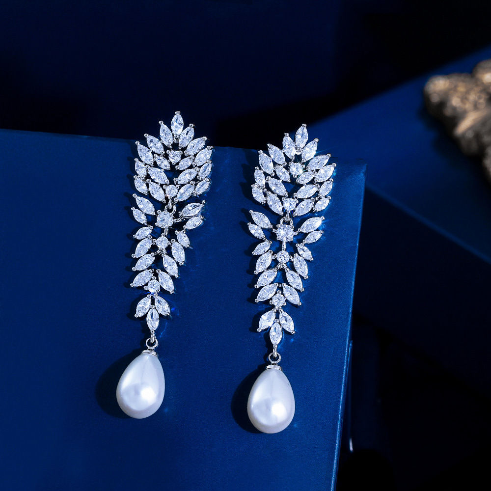 Elegant Long Pearl Drop Earrings With Sparkling Zircon Copper Design Wedding Party Date Festival Fashion Jewelry Accessories