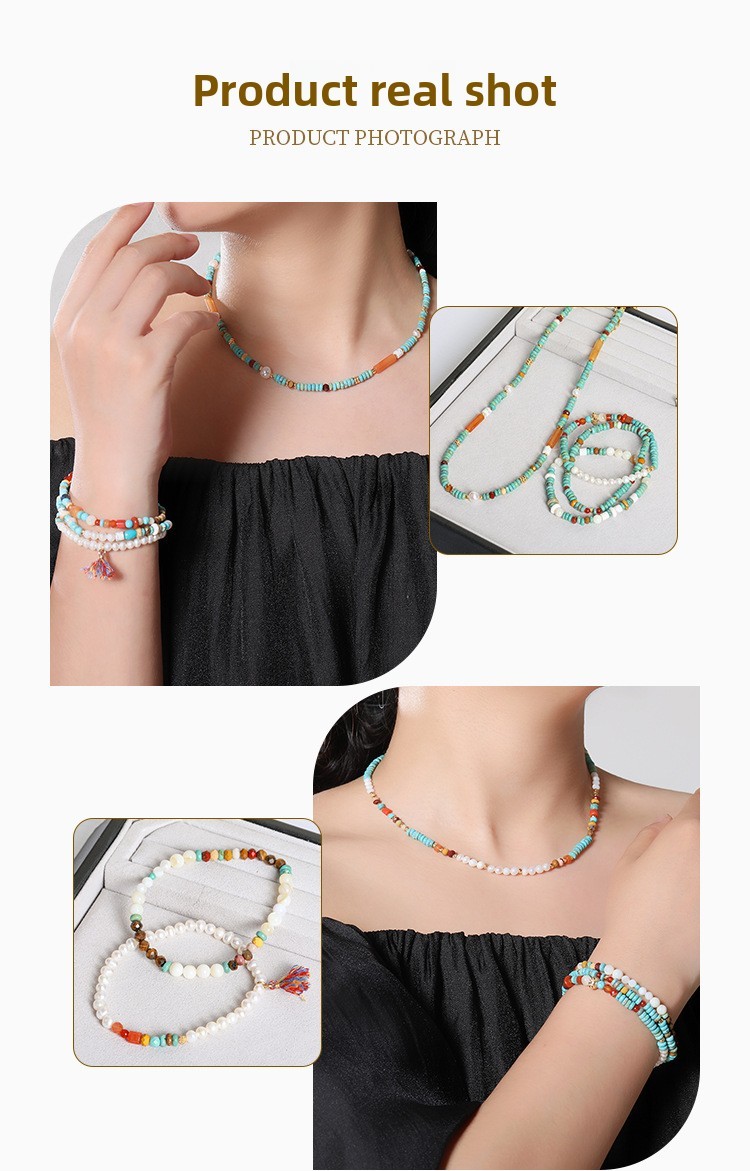 Natural Colorful Turquoise Beaded Necklace Women's Round High-End Minimalist Pearl Set Luxury Sensation Geometric Pattern Design
