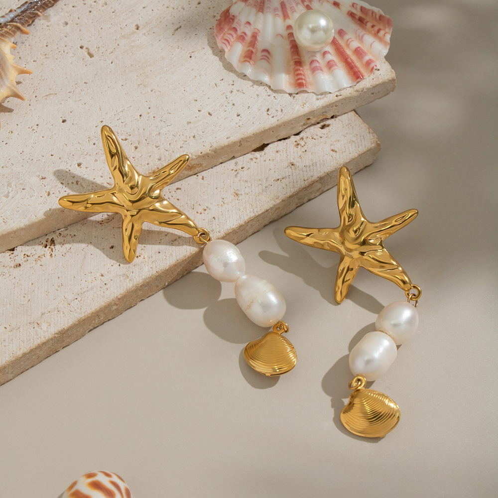 Ocean Wind Starfish Natural Freshwater Pearl Tassel Earrings Casual Stainless Steel Non-fading Accessories For Girls