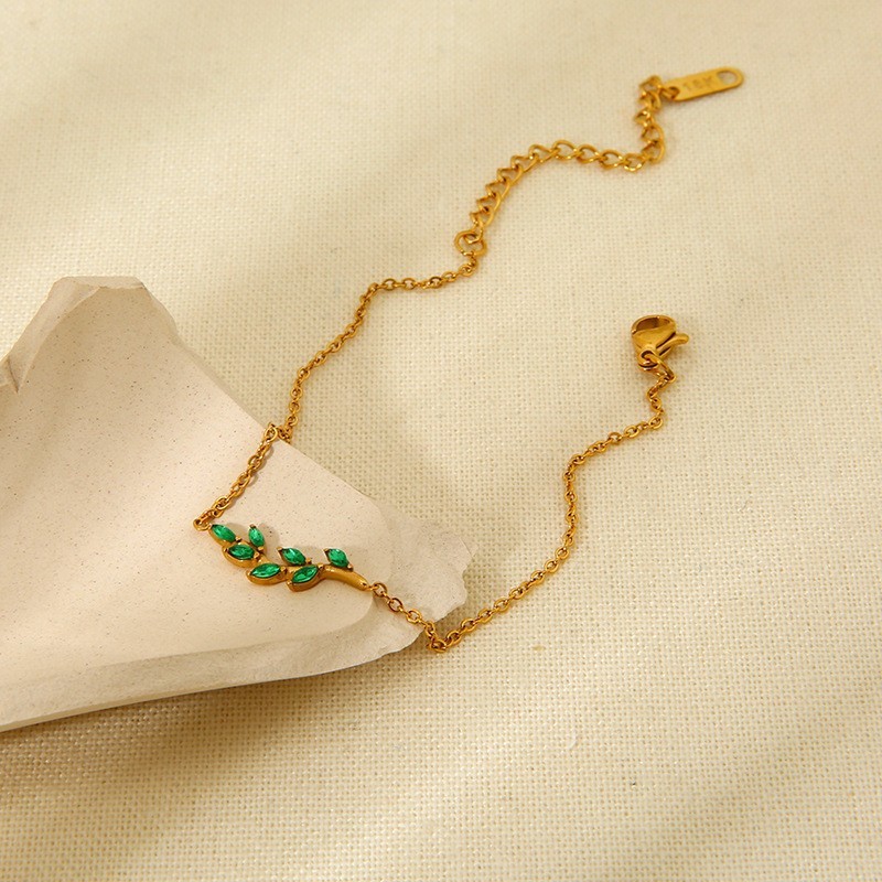 Gold Plated Zircon Leaf Branch Pendant Women Bracelet Stainless Steel Waterproof Jewelry Accessories