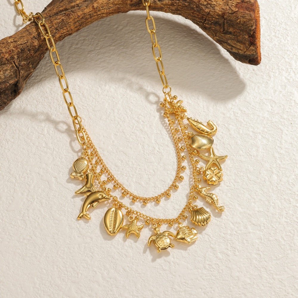 Women Stainless Steel Double Layer Tassel Necklace 18K Gold Starfish Pendant Sweater Chain Jewelry Accessories