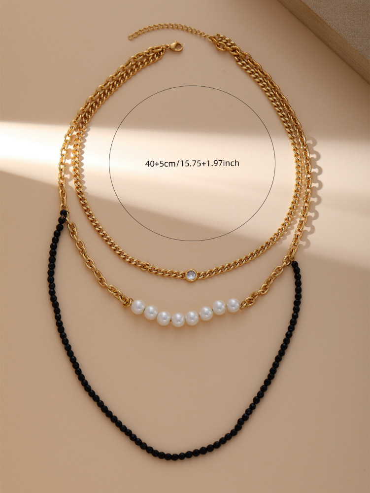 Personalized Design Crystal Imitation Pearl Stitching Titanium Steel Geometric Pattern Women's Necklace Jewelry Accessories