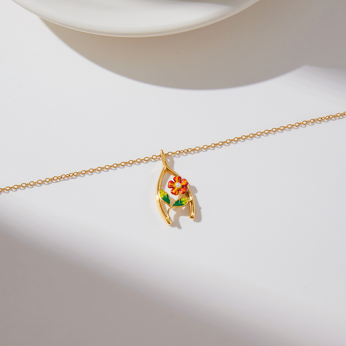 Women's Classic Style 18K Gold Stainless Steel + Shell Pearl + Oil Drop / Shell Pearl Oil Drop Flower Thanksgiving Lucky Wish Bone Y-shaped Pendant Necklace 45+5CM