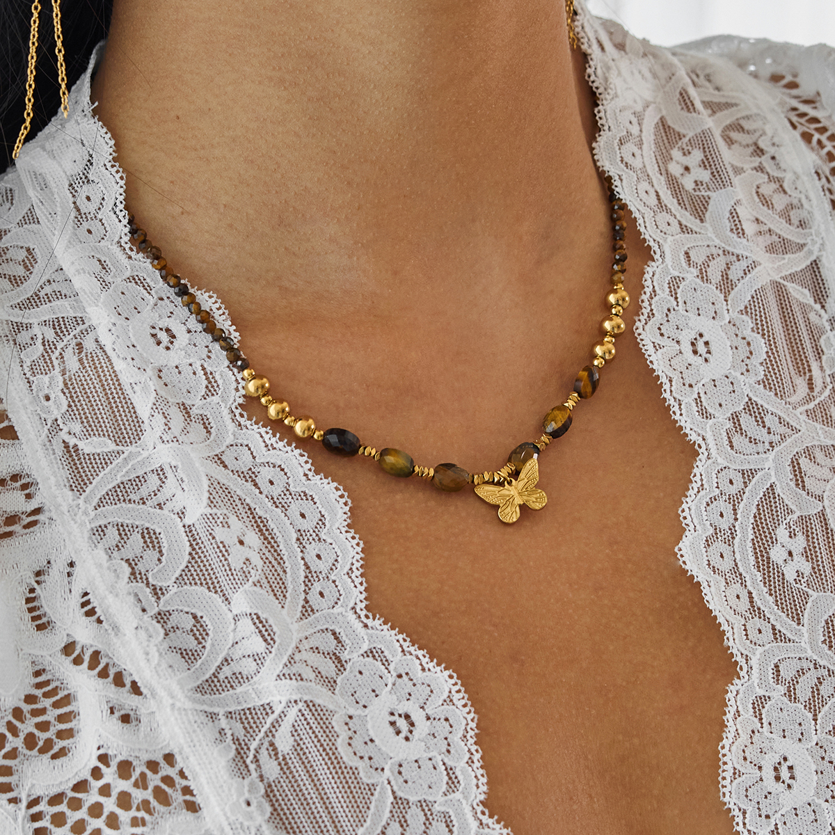 Ladies Classic Style 18K Gold Stainless Steel Butterfly Pendant Tiger Eye Stone Beaded Necklace 42+5CM Butterfly Chain Design