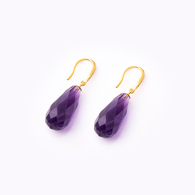 S925 Silver Gold Plated Natural Uruguay Purple Quartz Faceted Lotus Flower Ear Hook Dangle Women's Earrings Geometric Pattern