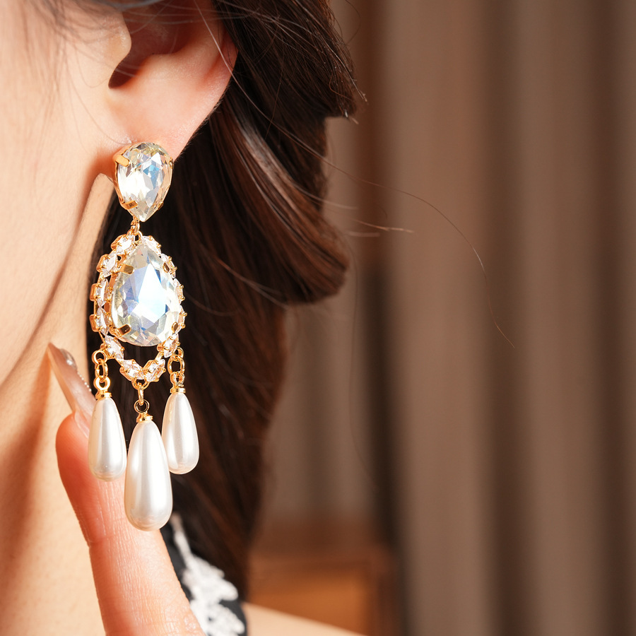 Vintage Silver Needle Inlaid Diamond Water Drop Pendant Pearl Earrings Multifunctional Pearl Jewelry Accessories