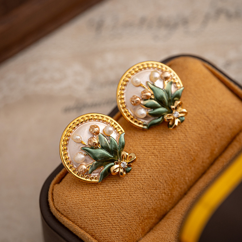 Baroque Pearl Flower Earrings Women Monet Garden Enamel Drip Glaze New Chinese Style Retro Drop Earrings Jewelry Accessories
